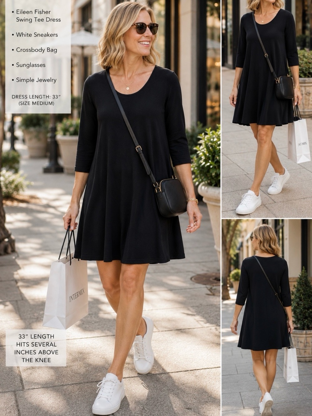 Eileen Fisher Stretch Jersey Swing Tee Dress Black Size Medium💛